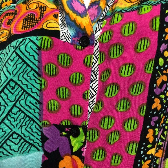 Vintage 90s Artsy Tunic Top Bold Colorful Geometric Button Front Blouse Large - Picture 6 of 9